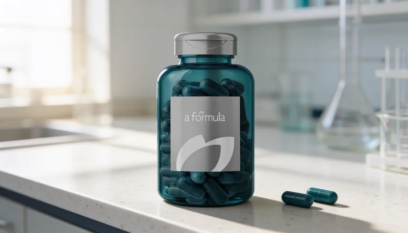 Pote de vitamina B12 A Fórmula com cápsulas, em bancada de laboratório clínico
