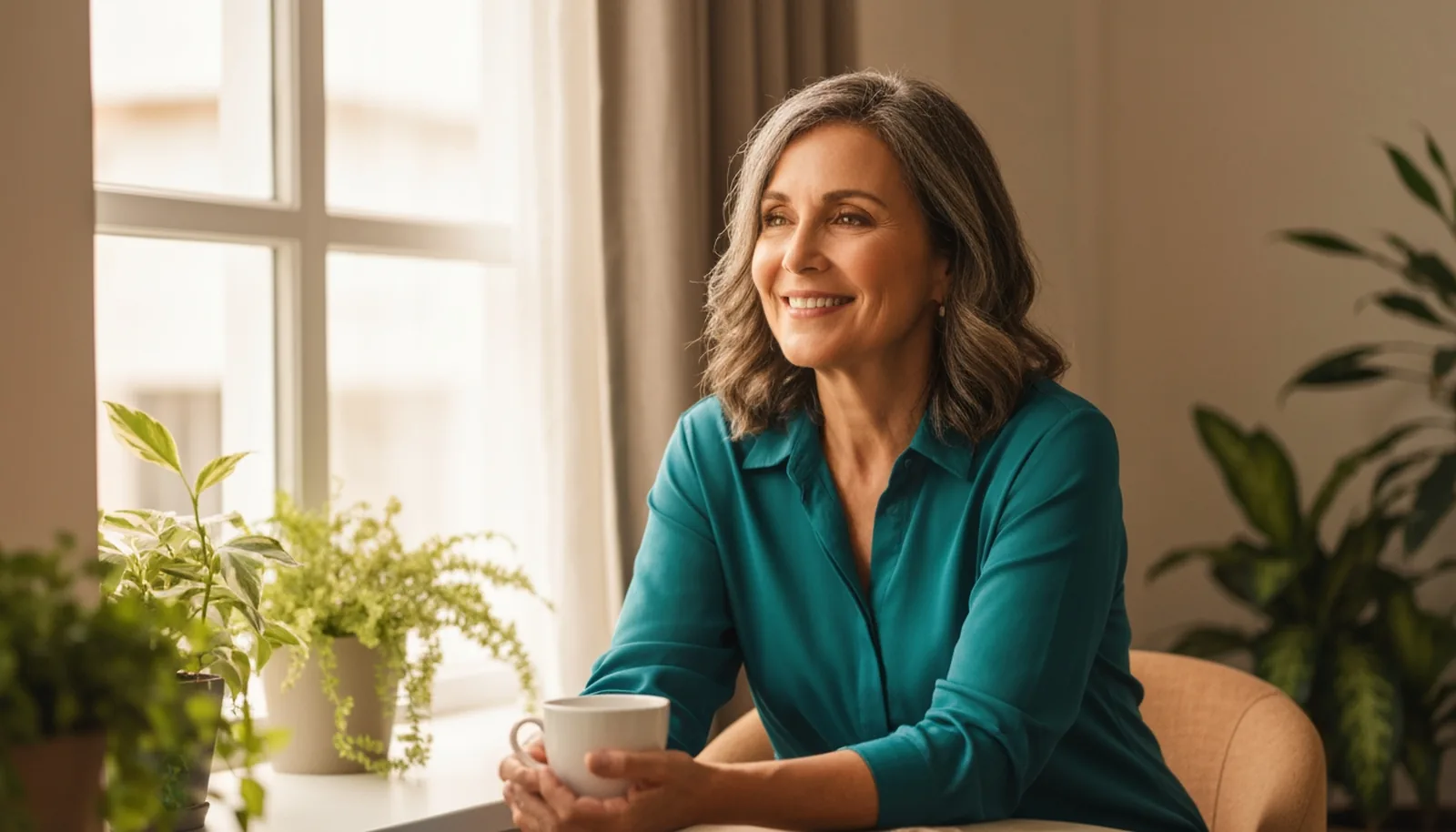 Pote de suplemento A Fórmula entre rosas e eucalipto — equilíbrio hormonal na menopausa