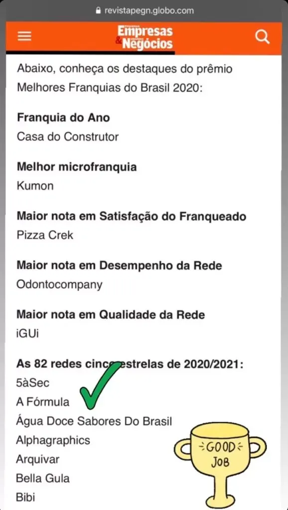 Registro da comemoração do prêmio Melhores Franquias do Brasil 2020 na rede A Fórmula