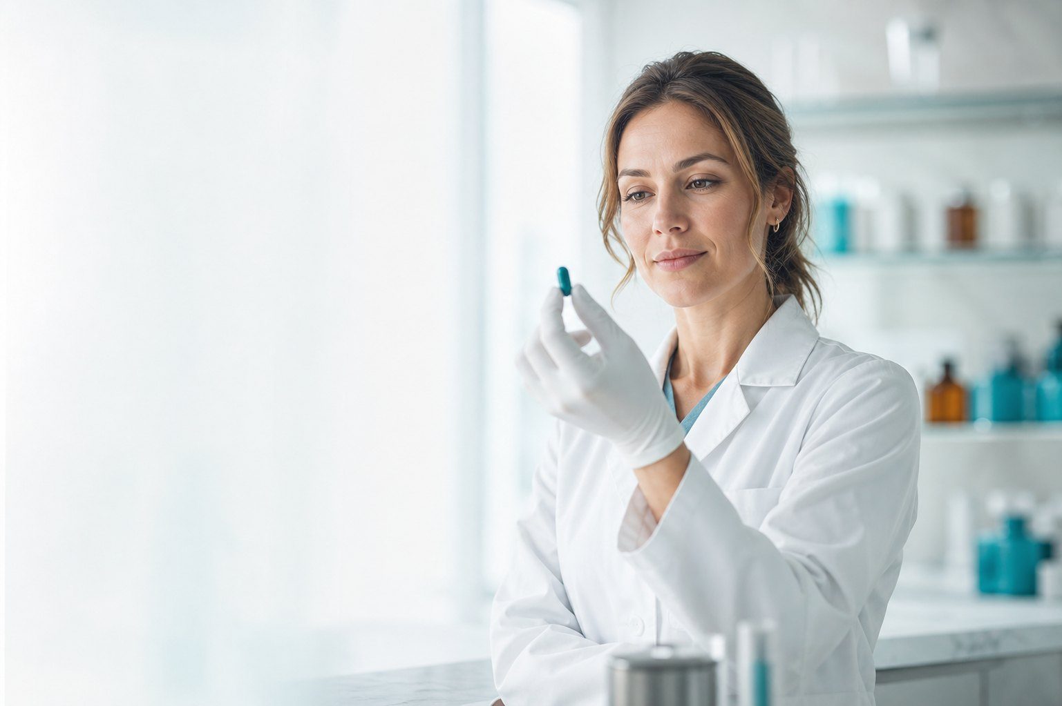 Farmacêutica examinando cápsula em laboratório de manipulação A Fórmula